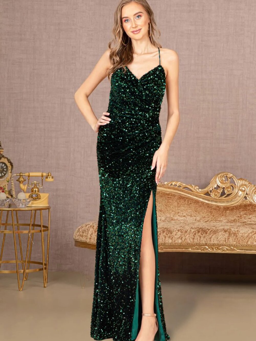 NEW GREEN Lace & Sequin Halter Prom Gown Floor Length GL3080
